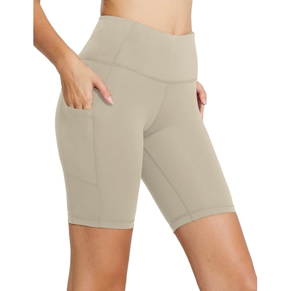 BALEAF Biker Shorts Women Yoga Gym Workout Spandex Running Volleyball Tummy Control Compression with Pockets 8" Beige M