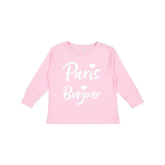 Inktastic Paris Bonjour with Hearts in White Text Boys or Girls Long Sleeve Toddler T-Shirt