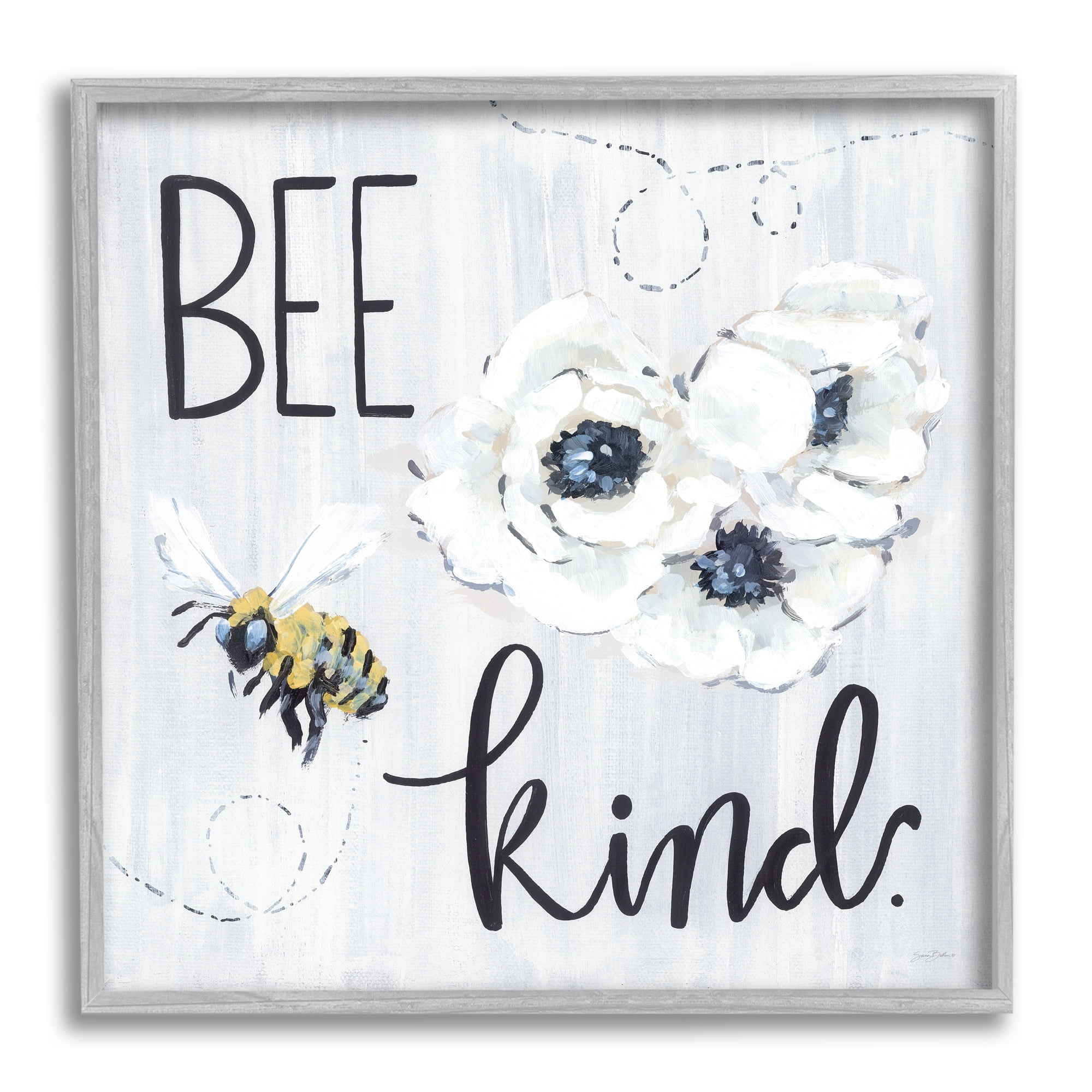 Stupell Industries Bee Kind Witty Bumble Insect Buzzing Blossoms Graphic Art Gray Framed Art Print Wall Art, Design by Sara Baker