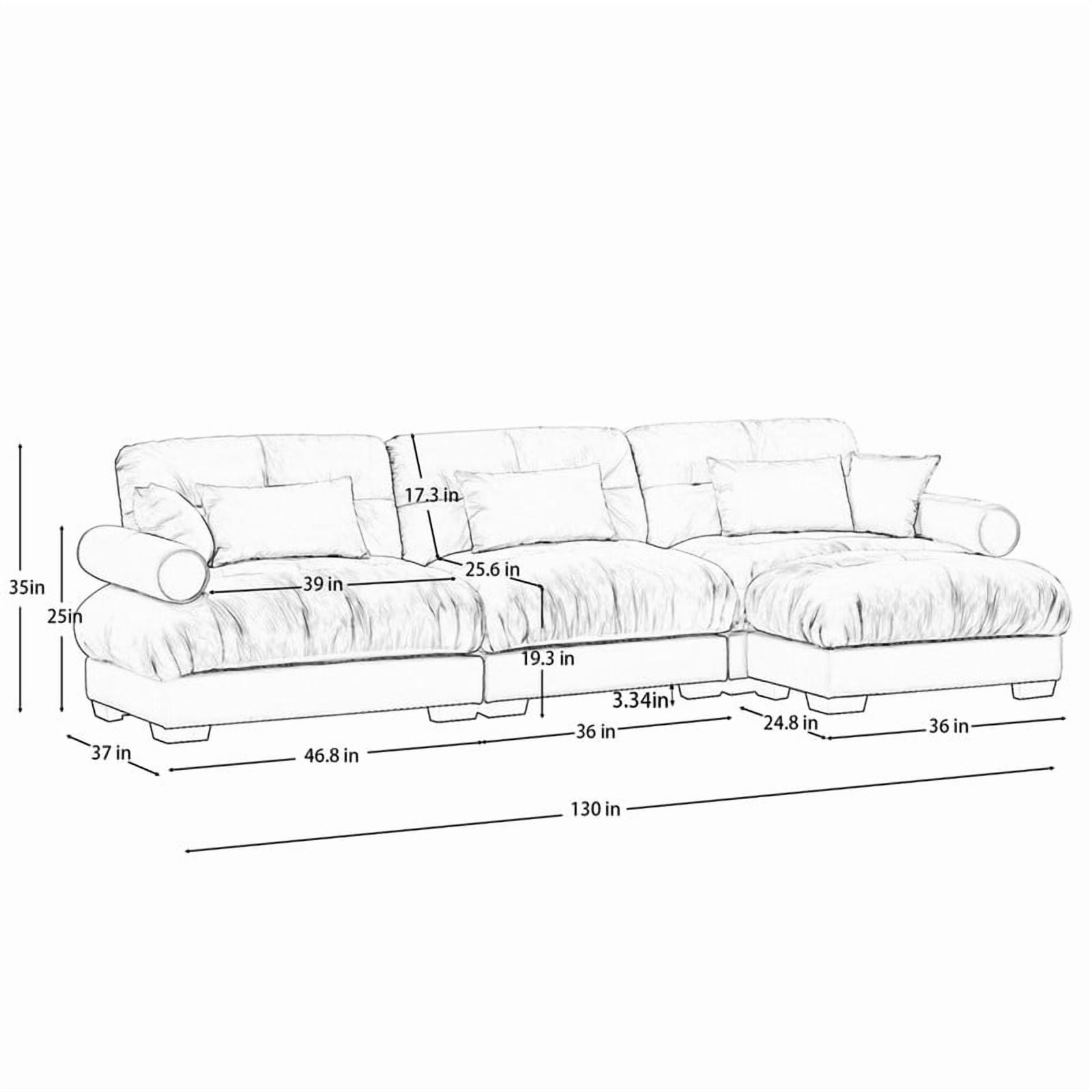 130" Modular Sectional Sofa with Ottoman, 3-Seater Velvet Couch, Convertible L-Shaped Sofa, Deep Seat Cloud Couch with Pillows, Modern Sofa for Living Room, Apartment, Camel