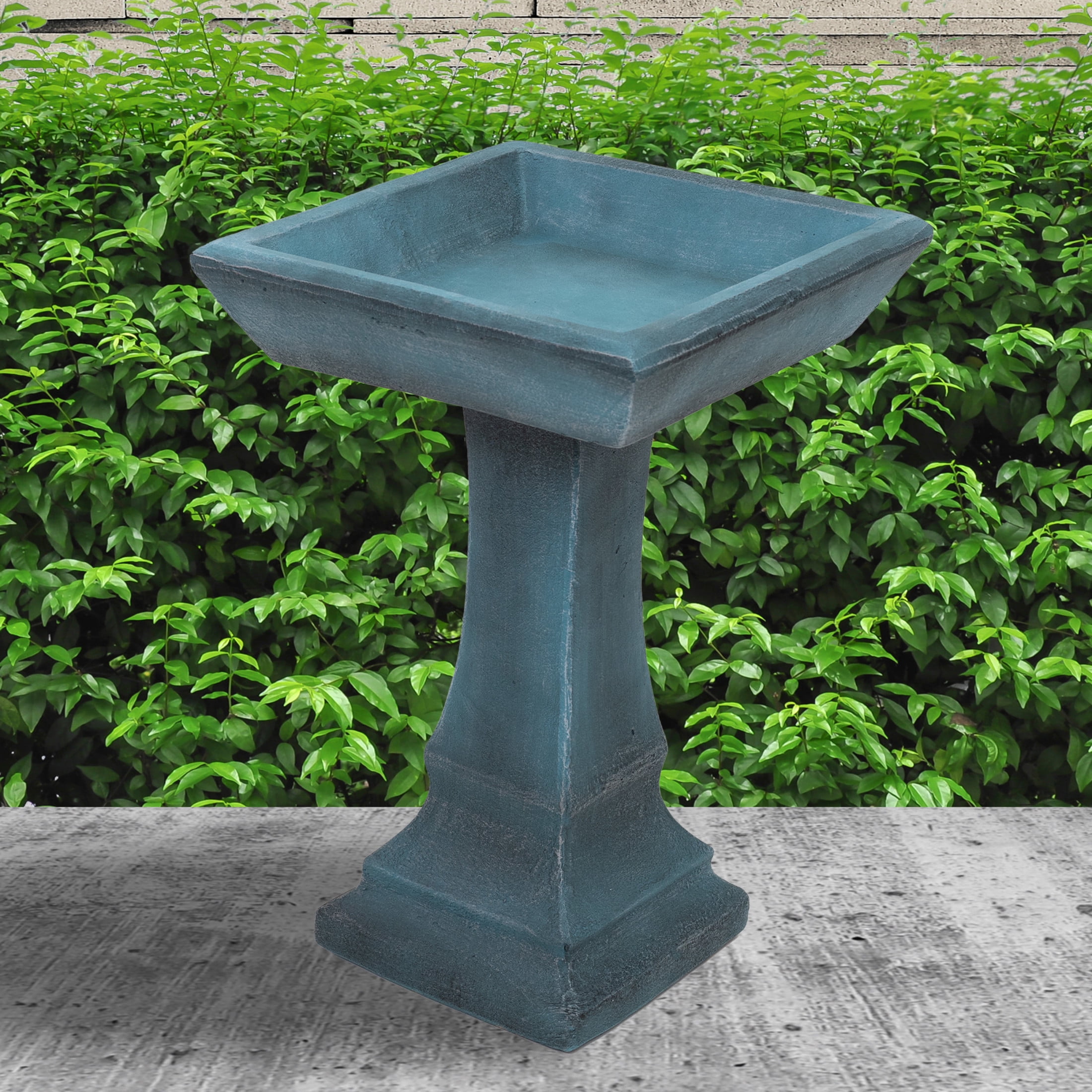 Sunnydaze Simply Square Freestanding Glass Fiber Reinforced Concrete Outdoor Bird Bath, Green