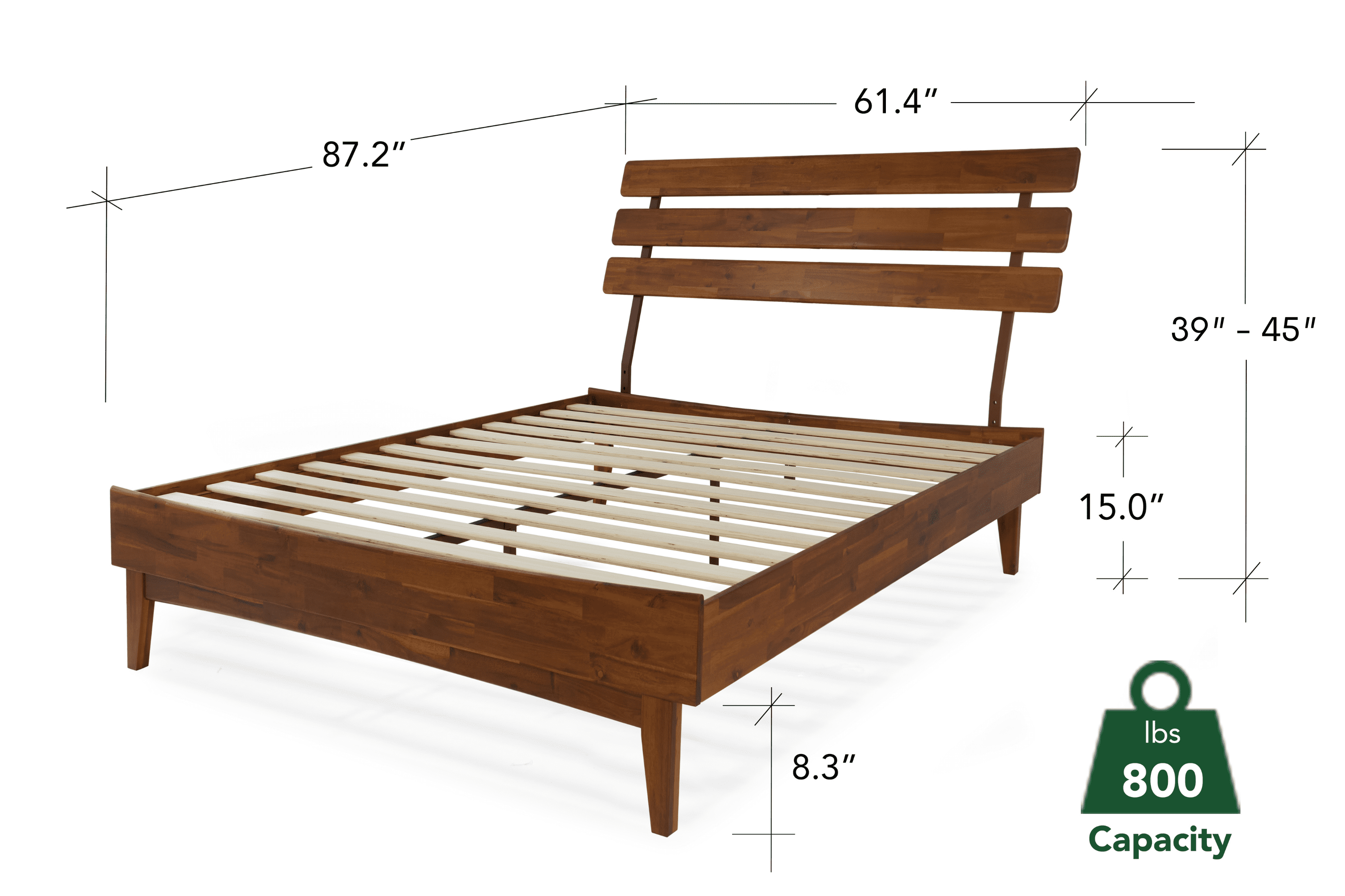 Bme Caden 15 Inch Deluxe Bed Frame with Adjustable Headboard - Mid Century, Retro Style with Acacia Wood - No Box Spring Needed - 12 Strong Wood Slat Support - Easy Assembly - Dark Chocolate, Queen