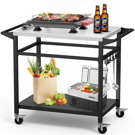 RAXSINYER Grill Table Cart with Double-Shelf, Outdoor Rolling Dining Table, Stainless Steel, Black