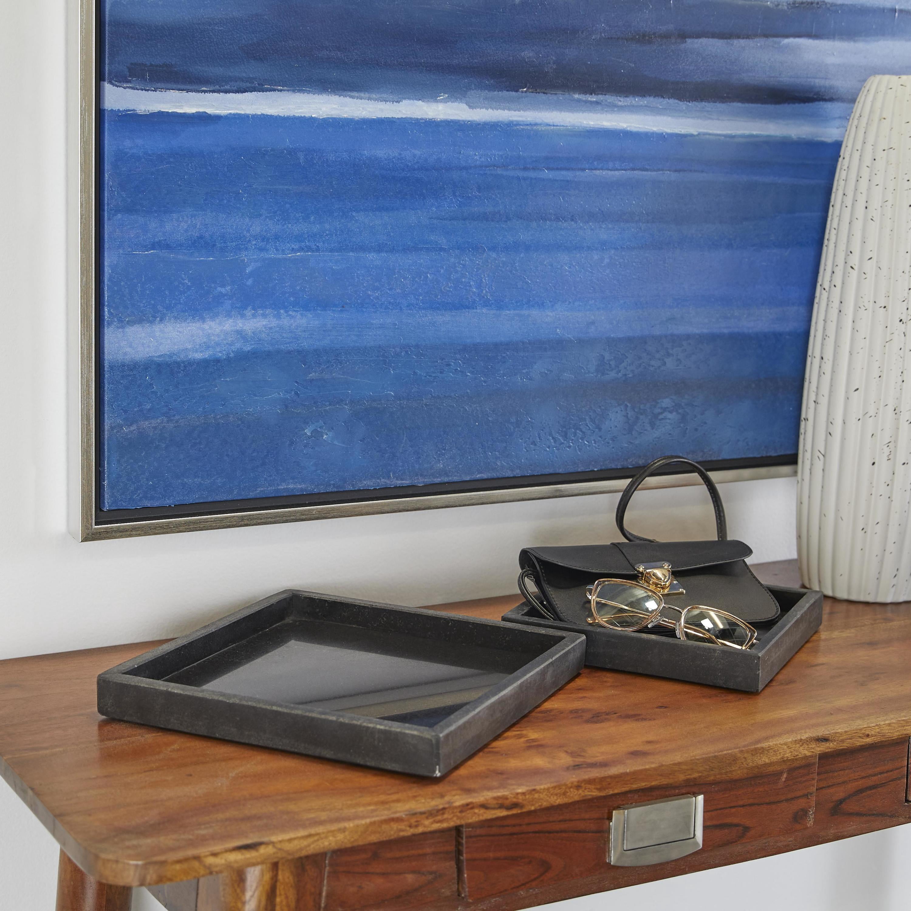 DecMode 10", 8"W Black Marble  Tray with Raised Border, 2-Pieces