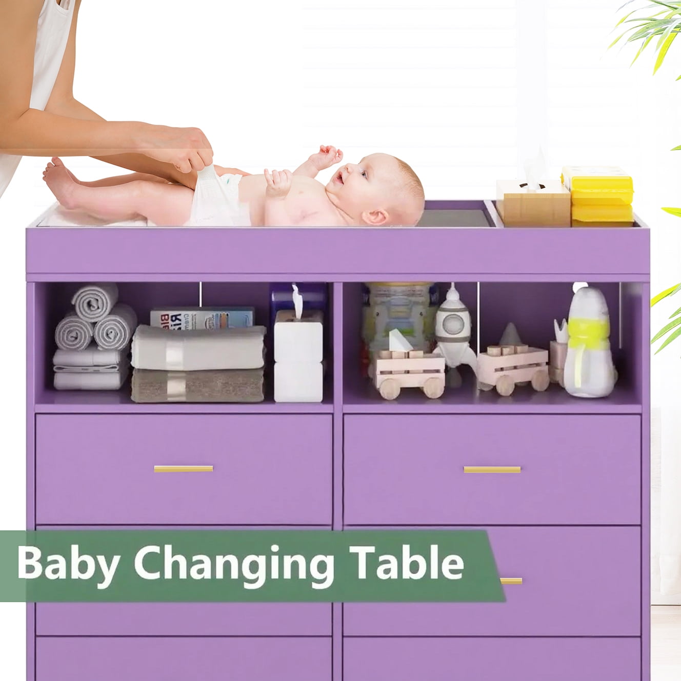 Baby Changing Table Dresser with 6 Drawers, Baby Nursery Dresser, LED Lights & Charging Station – Multifunctional Nursery Dresser with Removable Changing Top, Anti-Tip Design