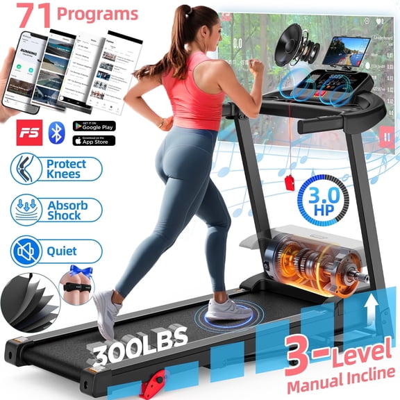 300lbs Folding Treadmill w/ 3HP Motor, 64 7 Programs, Incline Treadmill for Home, 7.5MPH Speed, APP Control & Bluetooth Speakers, Shock-Absorbing Running Belt, Portable Walking Jogging Treadmill