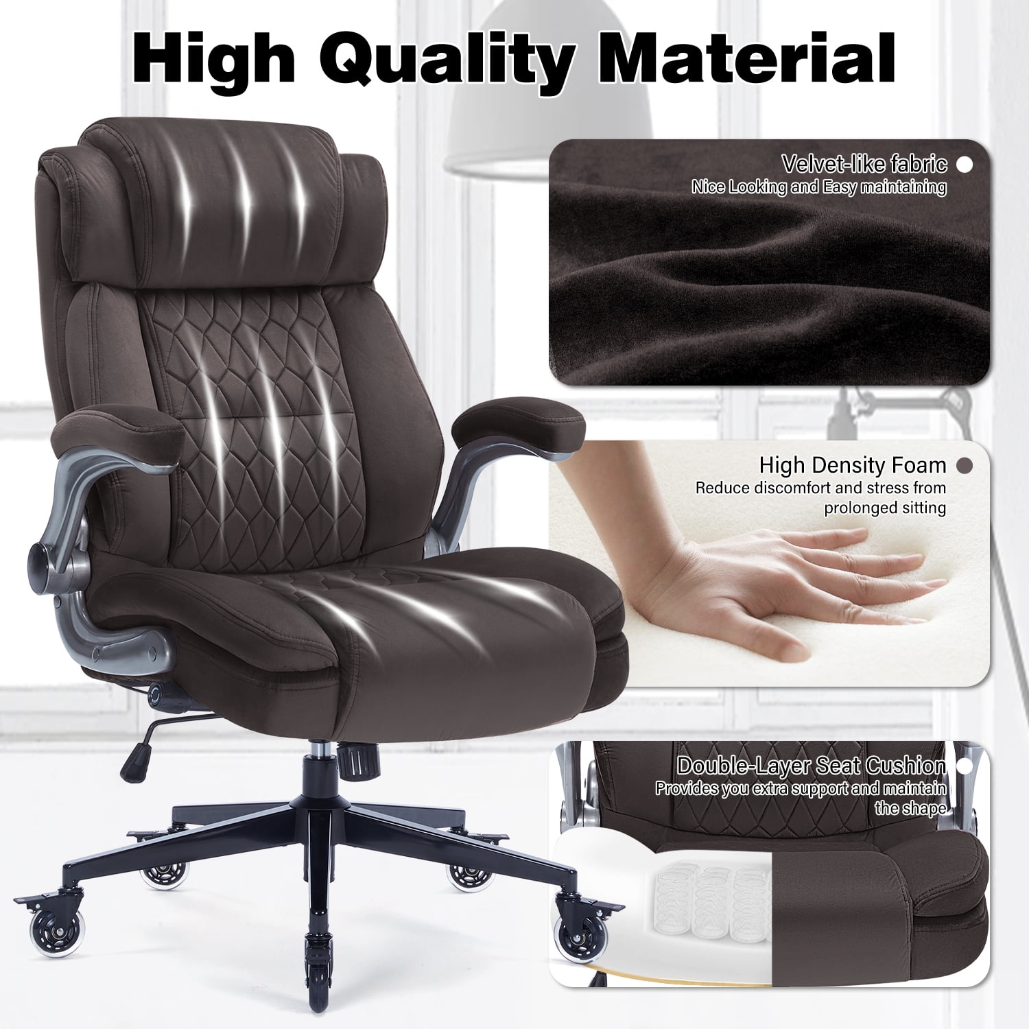 High Back Office Chair with Lockable Wheels, 400lbs Large Fabric Executive Desk Chair, Adjustable Lumbar Support Flip up Arms, Ergonomic Home Office Computer Chair with Storage Pocket, Brown