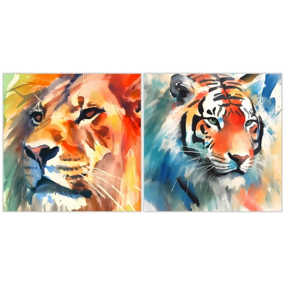 "Regal Strength I & II" Lion&Tiger Frameless Free Floating Reverse Printed Tempered Glass Wall Art