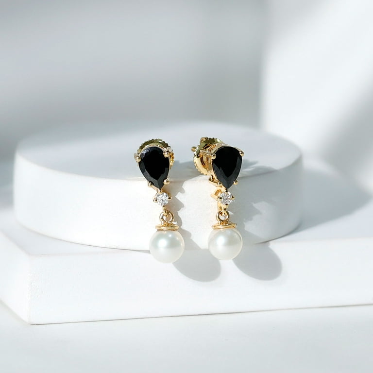 Outlet 14k yellow gold pearl and onyx drop earrings