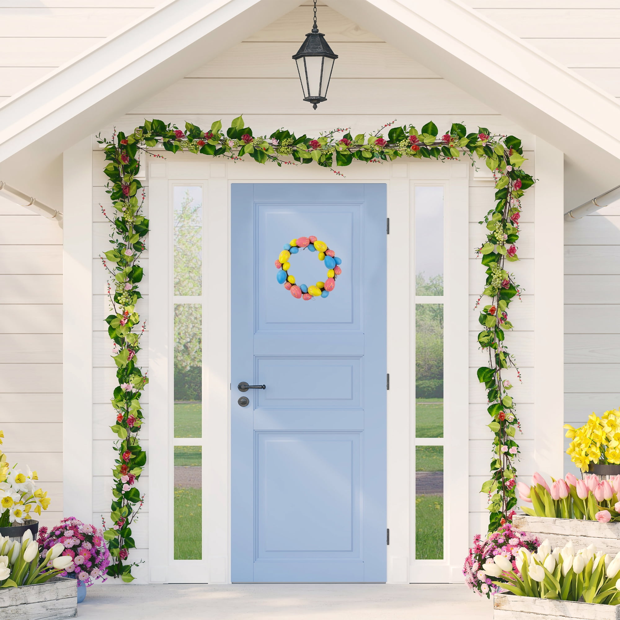 10" Pink Yellow and Blue Floral Stem Easter Egg Spring Grapevine Wreath