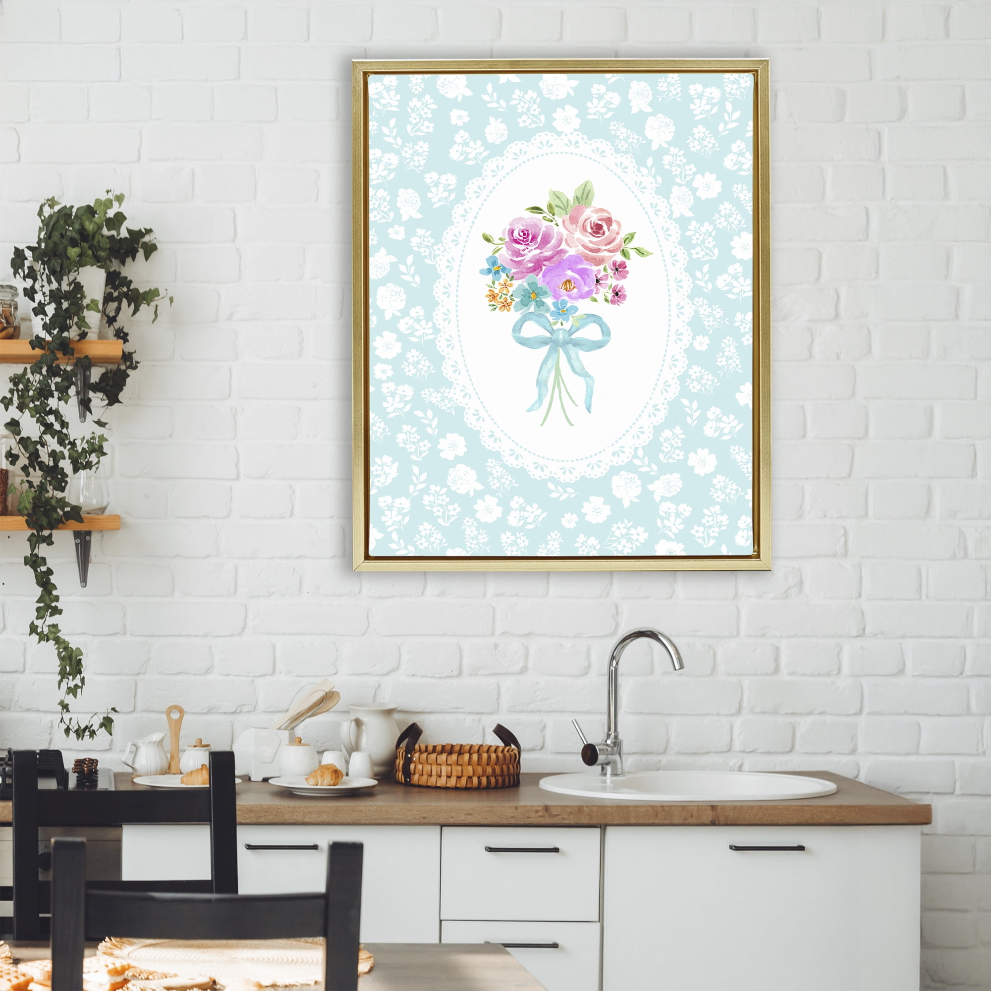 Stupell Industries Aqua Feminine Bouquet Gold Framed Floater Canvas Wall Art, design by Corinne Haig