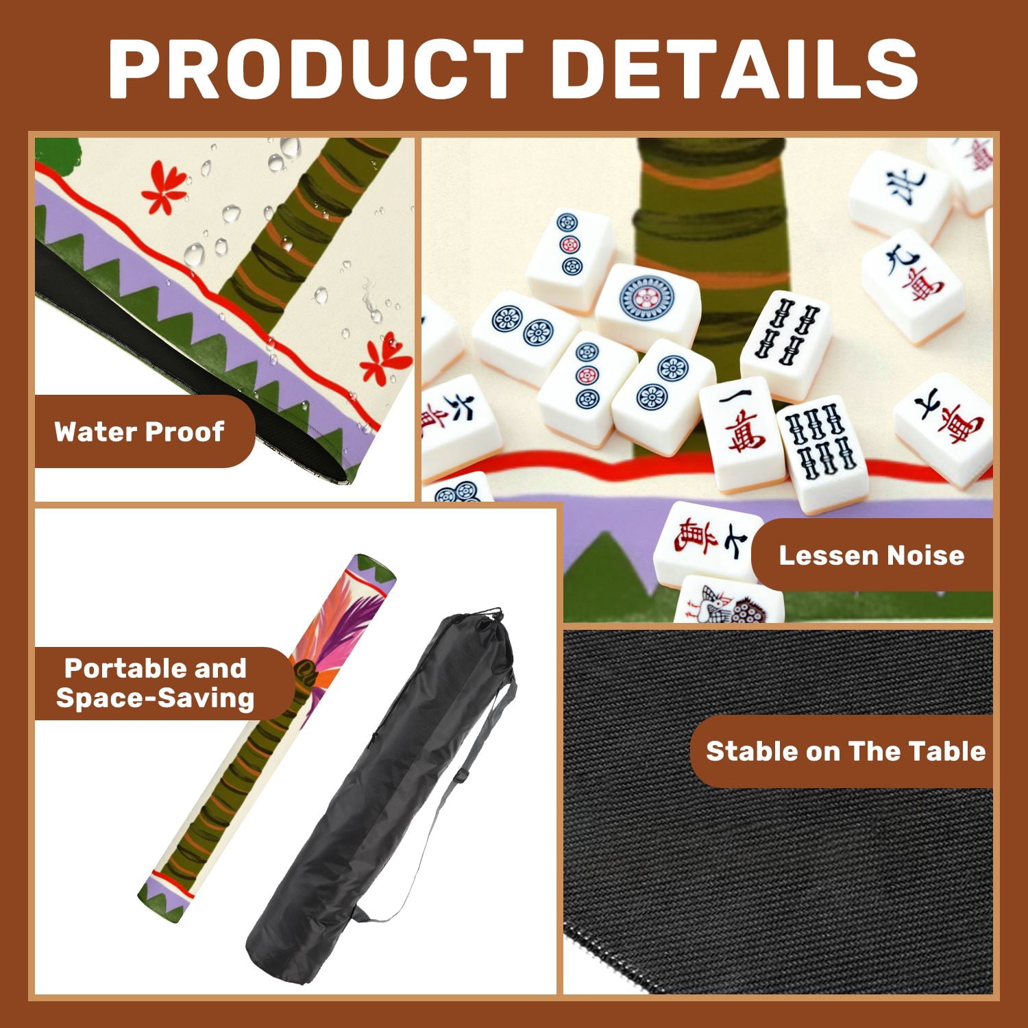 Mahjong Mat 31.5" x 31.5" Colorful Tropical Palm Tree Orange Purple Leaves Decorative Frame Non-Slip Noise Reduction American Mahjong Tiles Table Cover for Dominoes Poker Card Board Games Gift