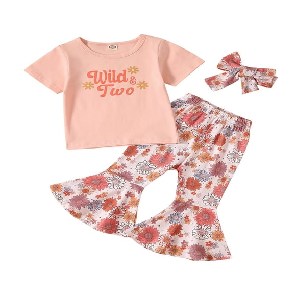 Baby Girls Pink Romper/Tops + Floral Flared Pants + Headband