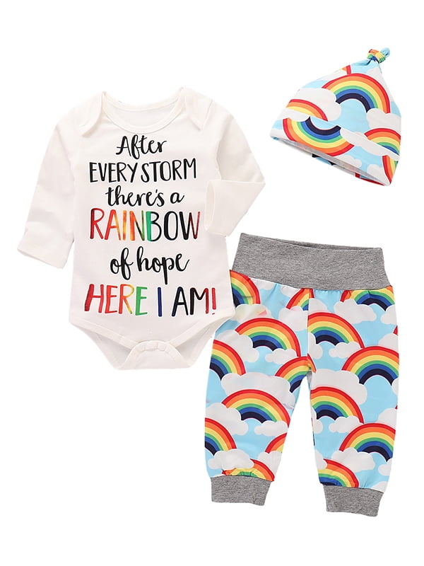 White 0-6 Months Sagton Newborn Infant Baby Girls Letter Romper Rainbow Pants Hat Cap Outfits Costume 