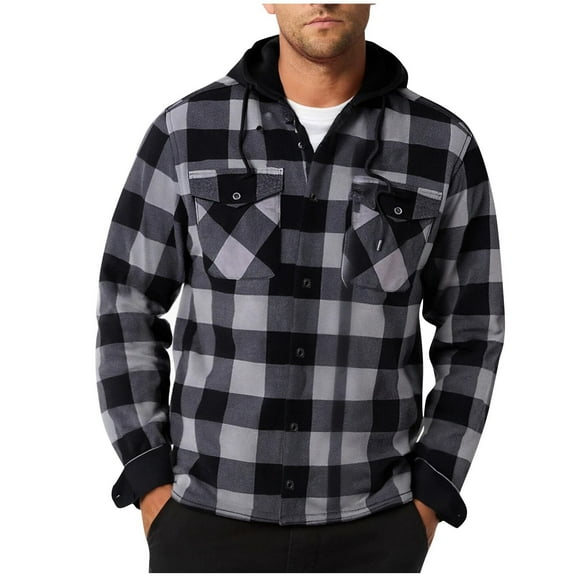 RYDCOT Men's Thicken Warm Plaid Hooded Flannel Shirt Jacket with Velvet Quilted Lined,Snap Hoodies Gray