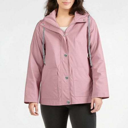 Womens Waterproof Raincoat Ndbuld Women Solid Rain Jacket Outdoor Plus Size Hooded Raincoat Windproof Pink 2XL