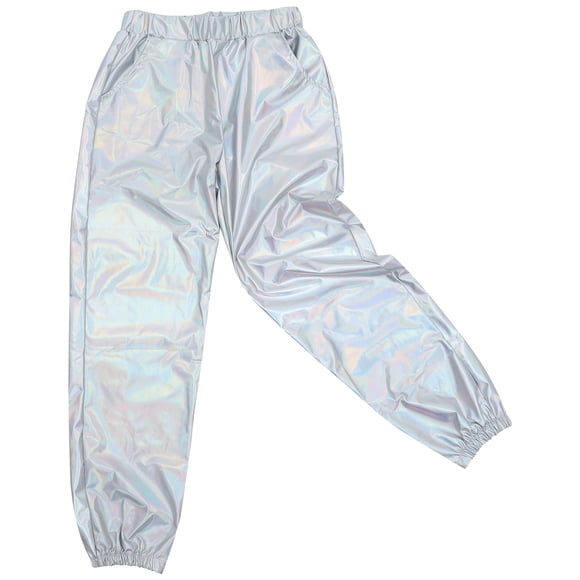 RENACLIPY 1Set Women's Shiny Metallic Trousers Silver Stretchy Waistband Long Pants for Teenagers Leisure