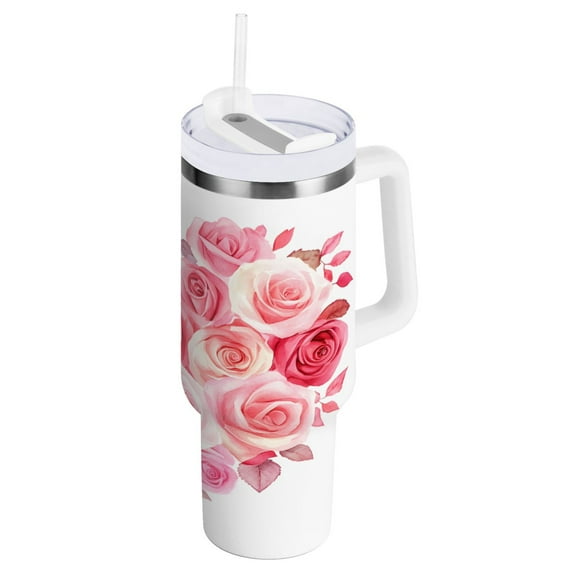 Ryvnso 40 oz Tumbler with Handle and Straw Insulated Stainless Steel Travel Mug with Lid Roses Heart Flowers