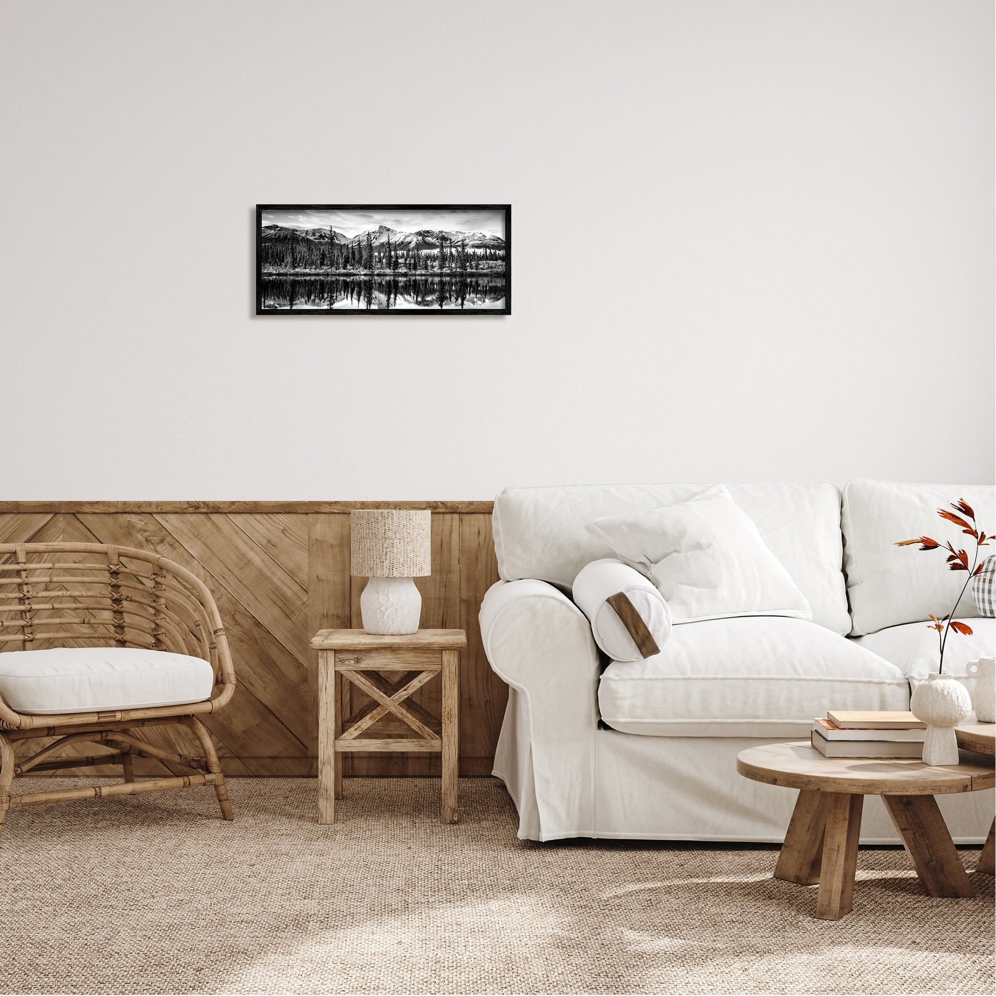 Stupell Industries Monochrome Lake Reflection Landscape Photography Black Framed Art Print Wall Art, 24 x 10