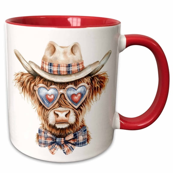 3drose, Cute Cowboy Valentine Highland Cow Illustration, 15oz Two-tone Red Mug