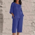 thumbnail image 2 of Wensltd Women's Cotton and Linen Outfits Solid Color 3/4 Sleeve top Wide Leg Pants Casual Fall Sets with Pockets, 2 of 5