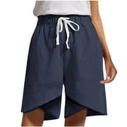 EDHITNR Cotton Linen Shorts for Women, Elastic Wide Leg Solid Color Workout Sets for Women, Warehouse Deals Sale Blue XL