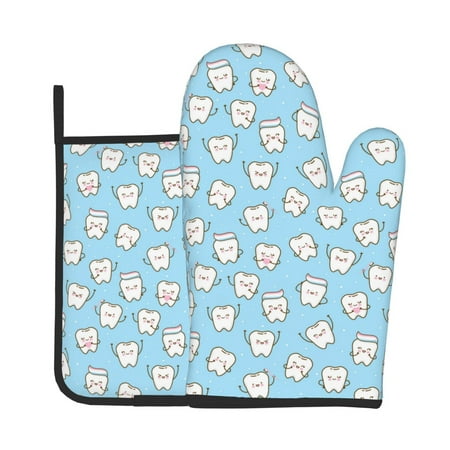

Lukts Cute Teeth Print Kitchen Heat-Resistant Gloves and Spacers 2pcs Set Suitable for Baking and Cooking