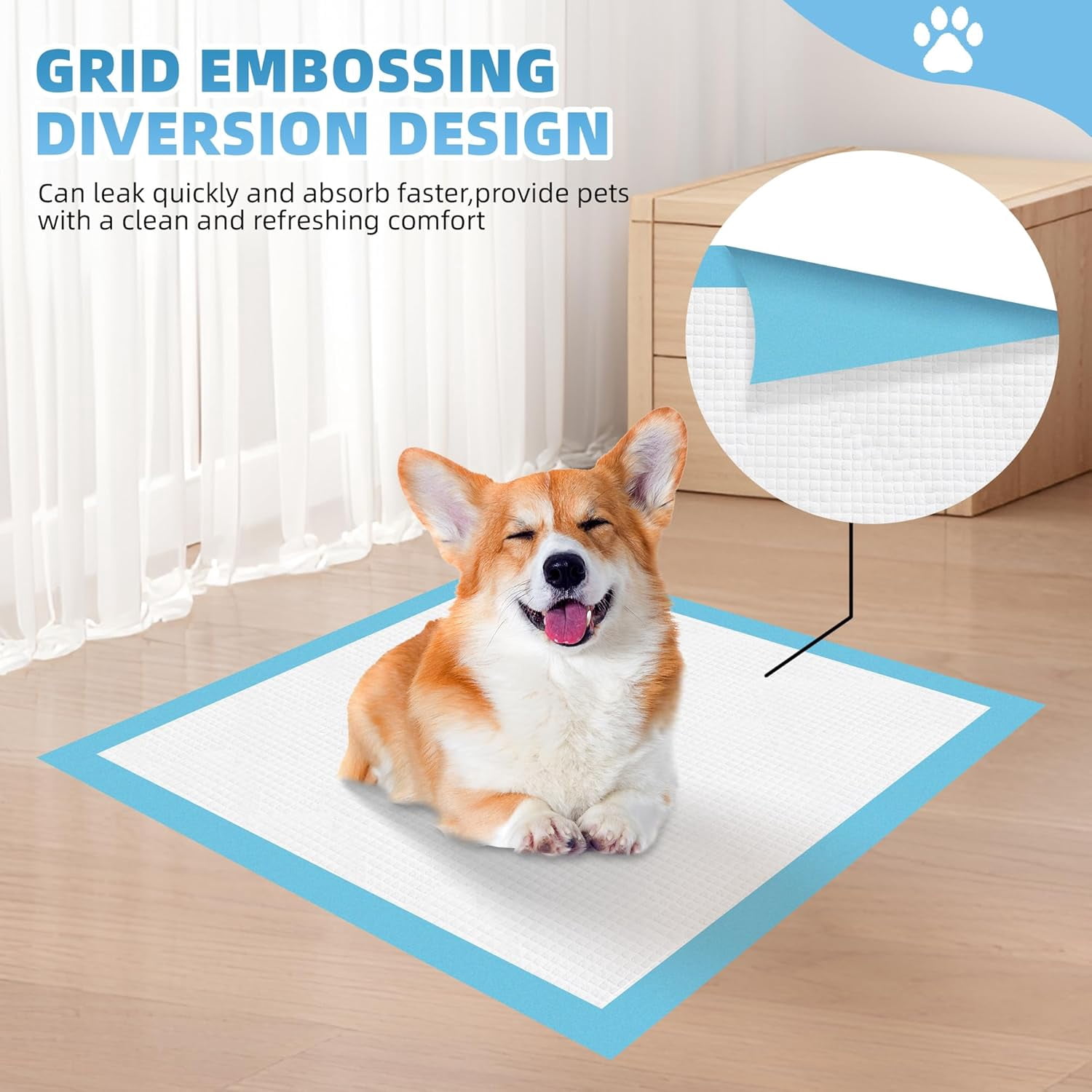 22" x 22" Puppy Training Pads in Bag, 5-Layer Leak-Proof Design and Quick-Dry, Surface for Potty Training, Ultra Absorbent and Odor Eliminating, 100 Count, Blue & White