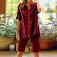 thumbnail image 2 of Caywon Women's Fashionable Cotton and Linen Shorts Short Sleeved Shirt Set Casual Two Piece Set Spring and Summer Shorts Pajama Set(Wine,XXL), 2 of 9