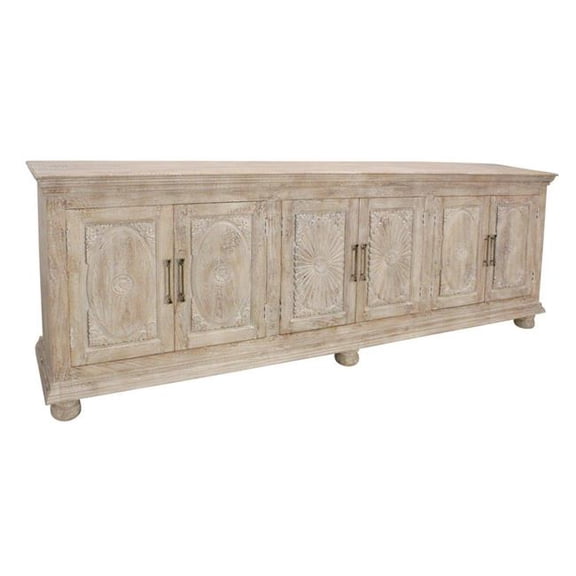 Athena 6-Door Sideboard in Distressed White Traditional Carving on Solid Wood