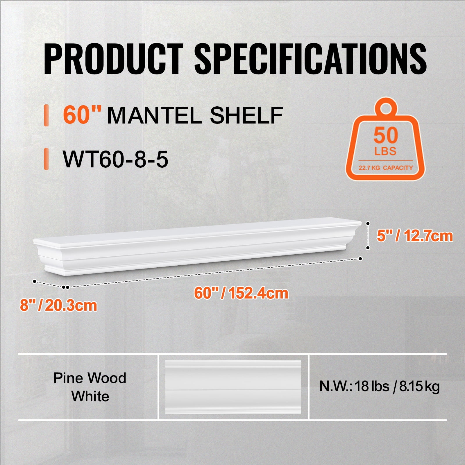 KFFKFF Wall Mantel, Dimensions: 60"x8"x5", Supports up to 50 lbs, Crafted from Natural Wood for Fireplace Overlay, Floating Shelf Design in Farmhouse Style, Artisanal White Fireplace Shelf
