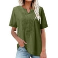 thumbnail image 2 of Dagegui Linen Tops for Women Casual Mexican Embroidered Blouses Cotton Linen V Neck Notch T Shirt Short Sleeve Gauze Shirts Army Green M-3XL, 2 of 6
