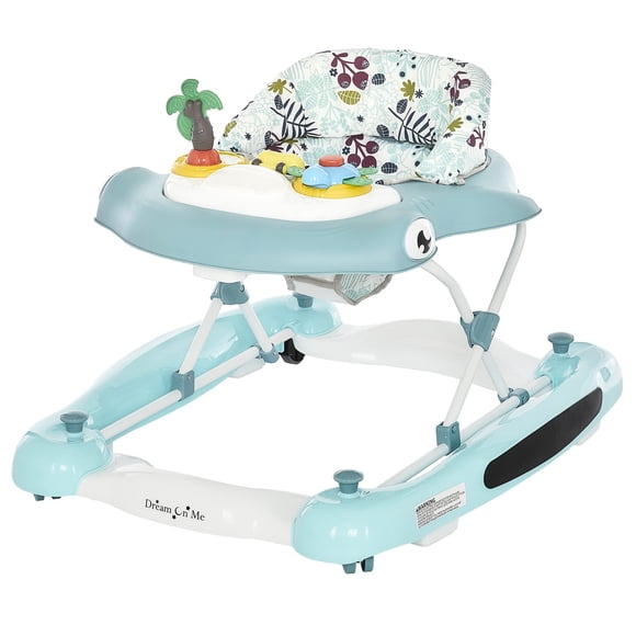 Dream on Me 2 en 1 Aloha Fun Baby Walker en azul, fácilmente convertible, ajuste de altura ajustable en tres posiciones, fácil de plegar y almacenar