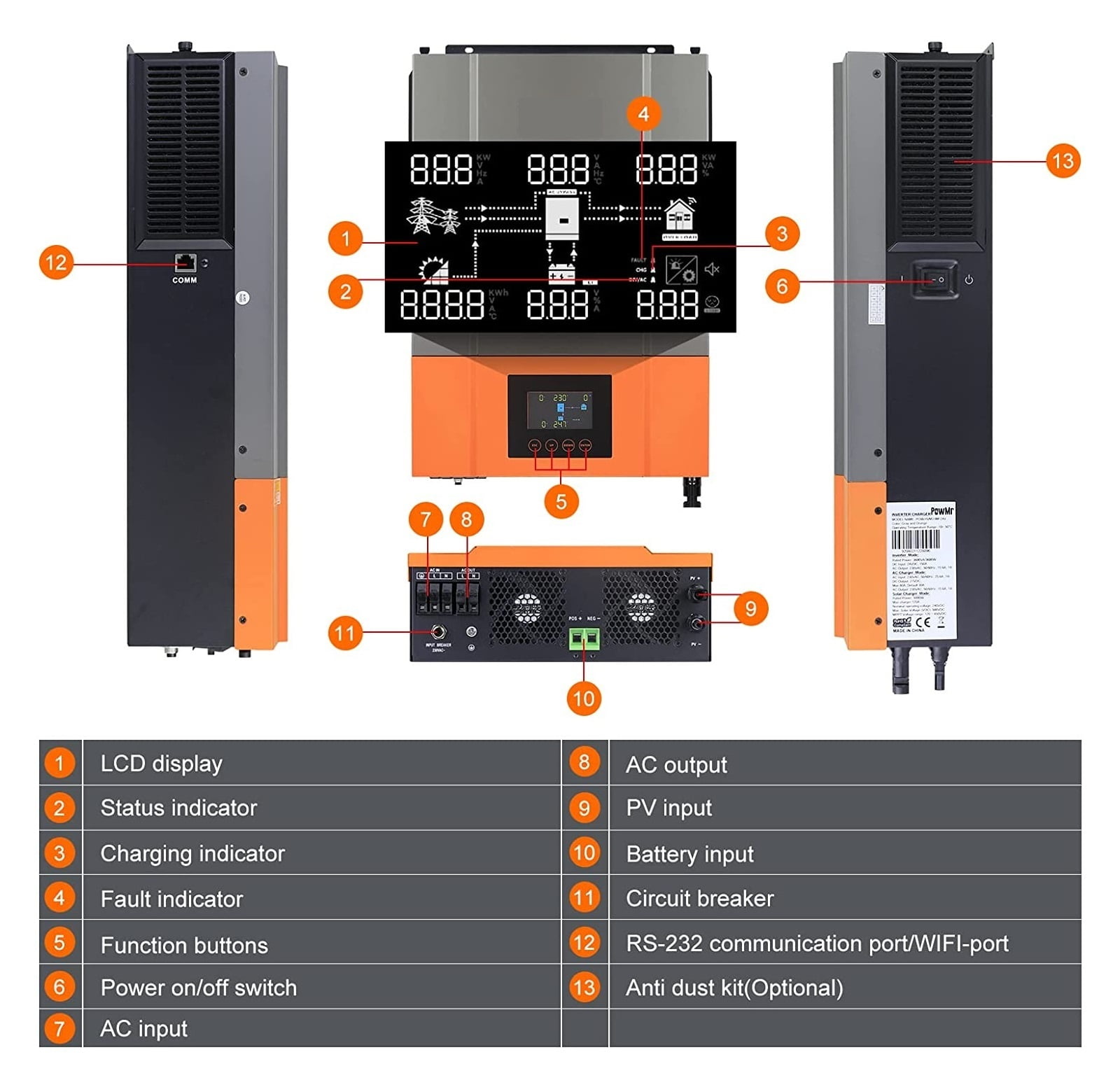 6.2KW Hybrid Solar Inverter Pure Sine Wave Inversor 48V 230VAC PV Input Max 500vdc MPPT 120A Solar Controller Support Li ,Wide Use