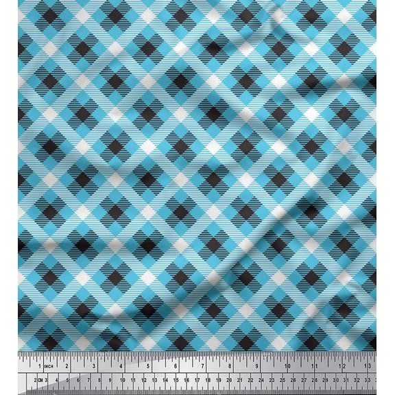 Soimoi Blue Cotton Voile Fabric Diagonal Check Print Fabric by Yard 42 Inch Wide