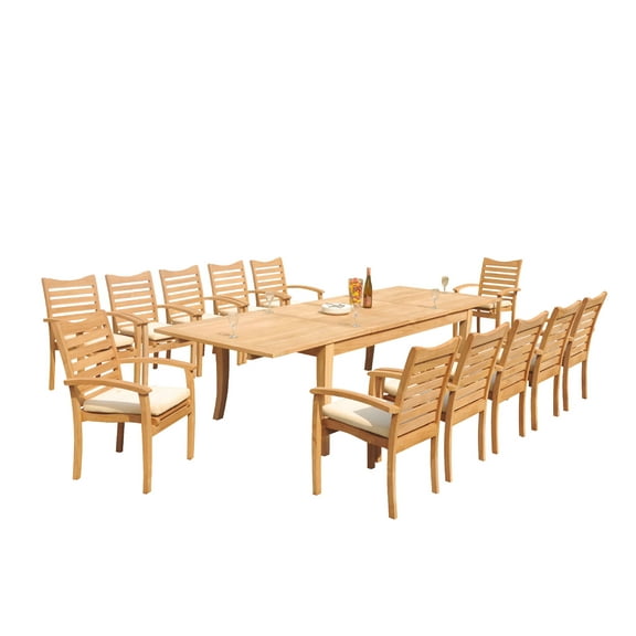 Grade-A Teak Dining Set: 12 Seater 13 Pc: 122" Atnas Rectangle Table And 12 Aspen Stacking Arm Chairs Outdoor Patio WholesaleTeak #51AP2813