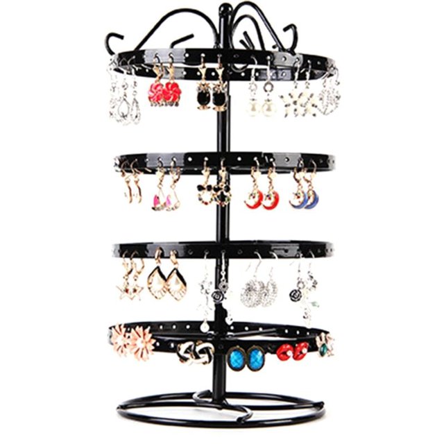 Soporte giratorio para aretes de hierro forjado de cuatro niveles, soporte de exhibición para aretes y pulseras, negro