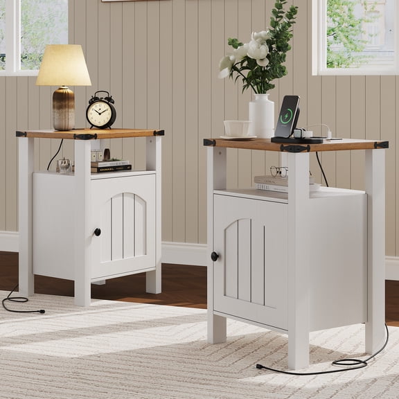 NAGA BAHNA Nightstands, White & Brown with Charging Station, 2 AC Outlets, 2 USB Ports, Open Shelf and Cabinet Storage, Set of 2
