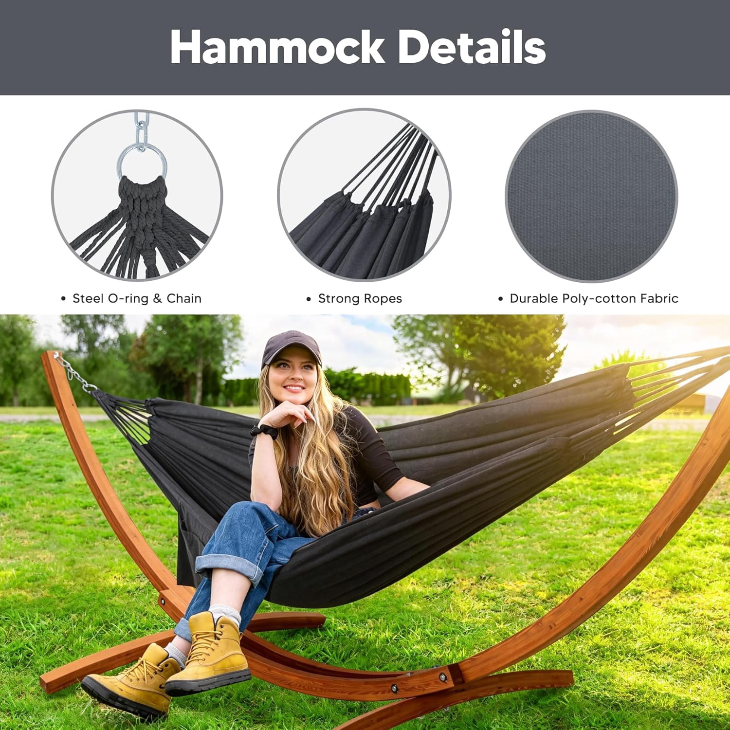SUNCREAT 2 Person Hammock with 10 ft Wooden Stand Included, Outdoor Hammocks for Outside, 475 lbs Capacity, Dark Gray