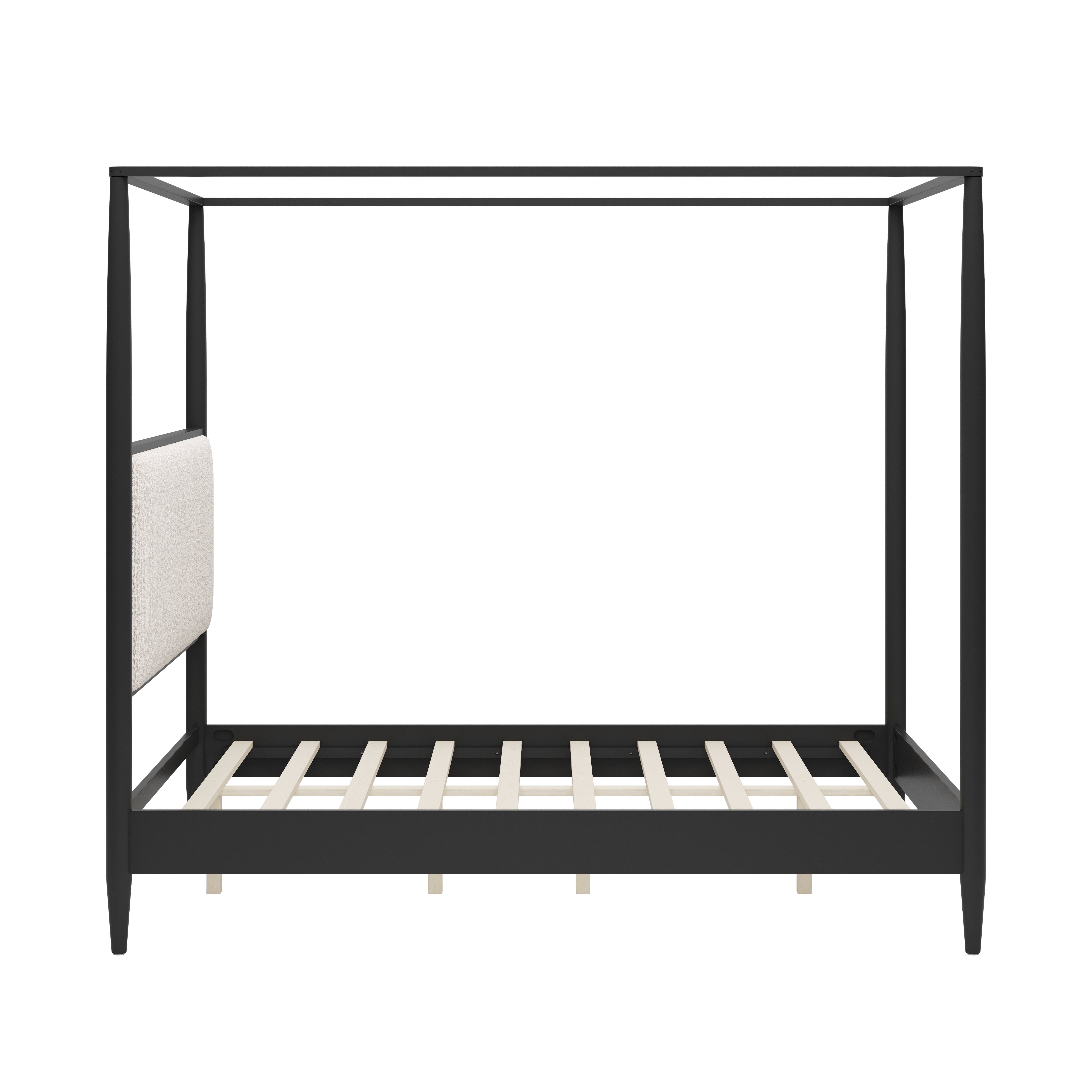 Euroco Modern Wood Queen Size Canopy Bed, Mid-Century 4-Poster Platform Bed with Boucle Upholstered Headboard and Tapered Legs, No Box Spring Needed, Black