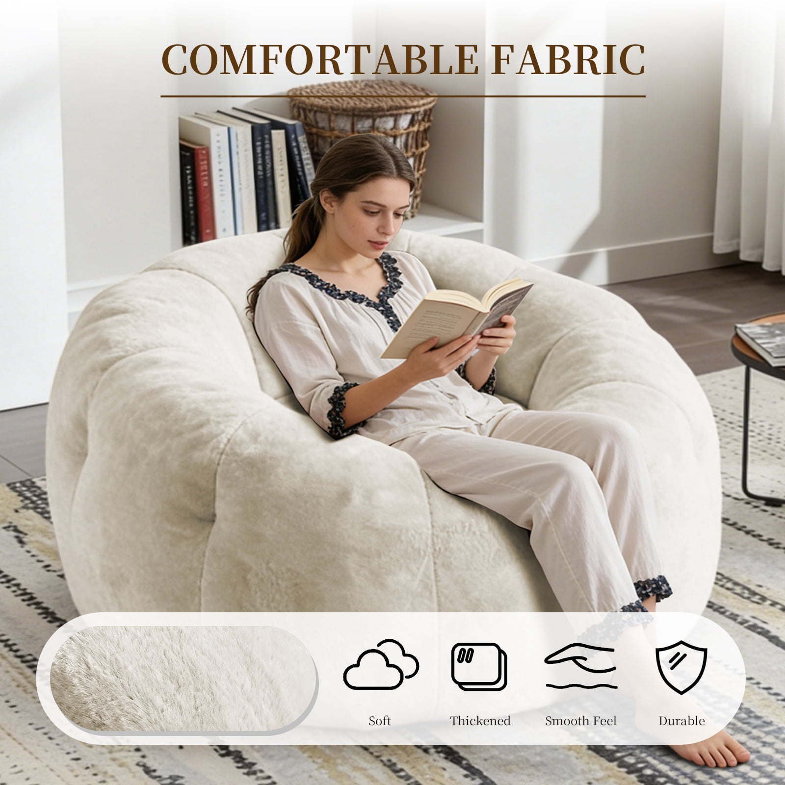 MOONMISS Round Floral Bean Bag Chair Large Soft Body-Contouring Lounger for Living Room Bedroom,Beige