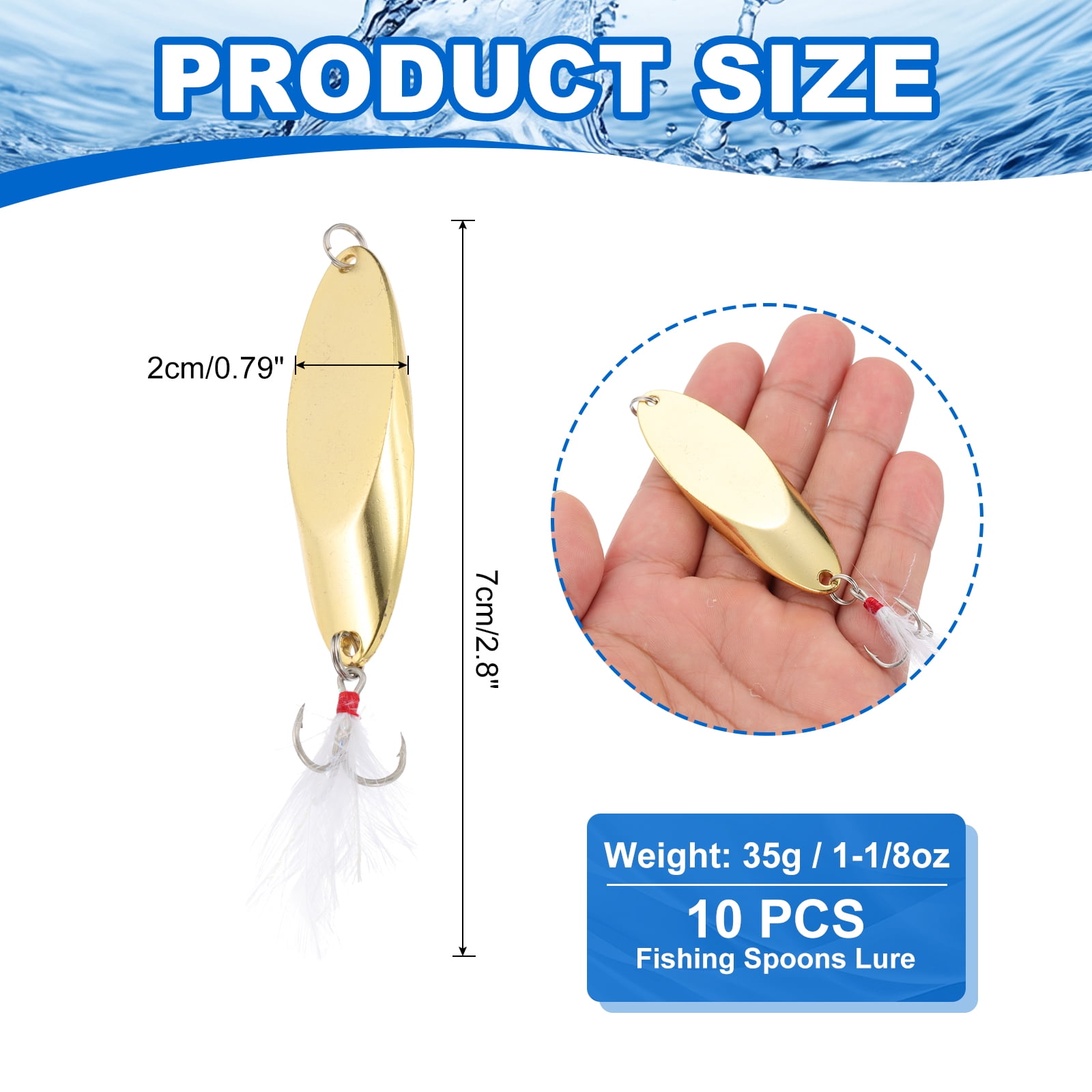 Uxcell Fishing Spoons, 10 Pcs 1-1/8 oz Fishing Lures Casting Spoon Treble Hooks Jigs Hard Metal Spinner Baits for Freshwater Saltwater Salmon, Gold Tone