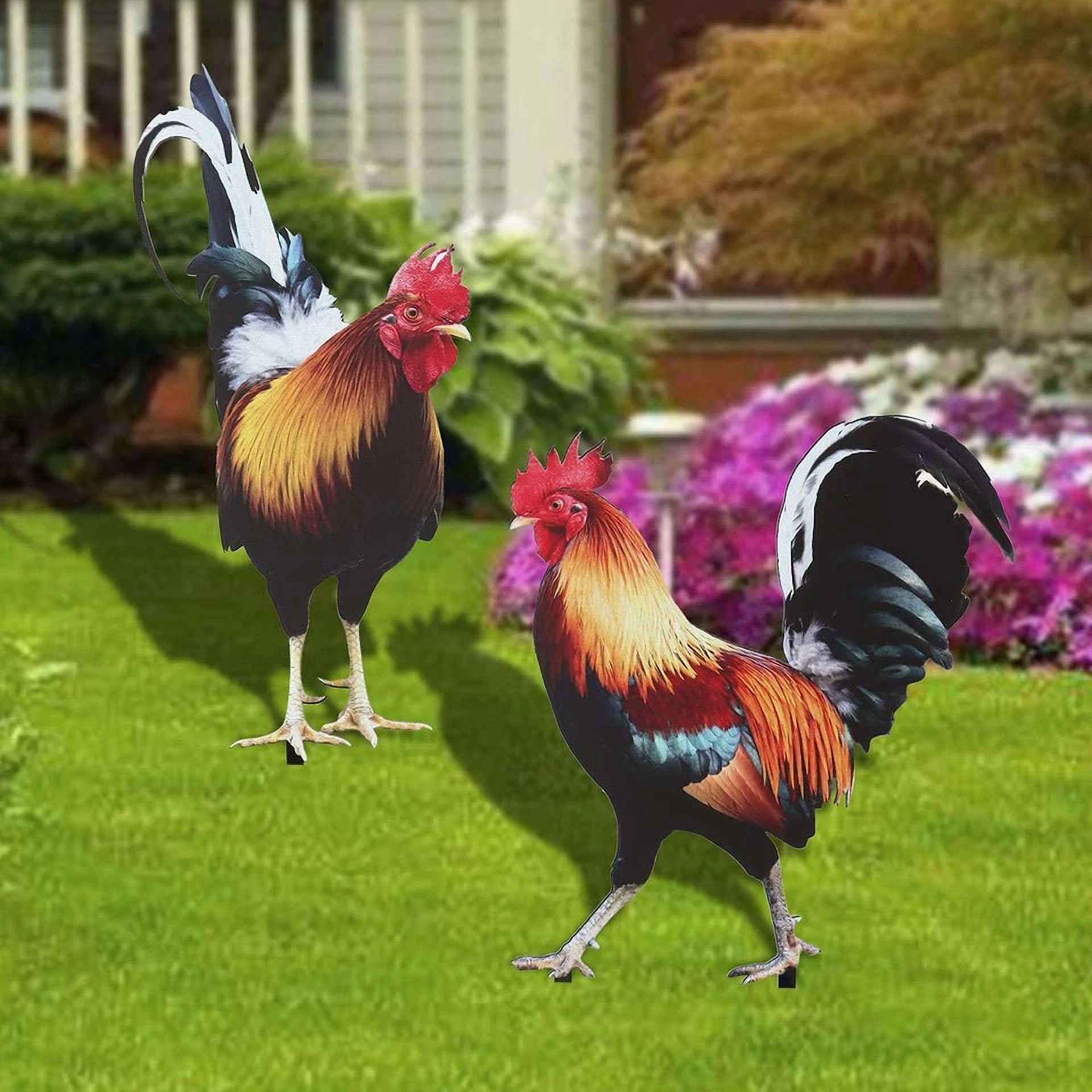 PURELY- 2Pcs Rooster Chicken Statue Outdoor Garden Decoration Yard Art Figure Sculpture