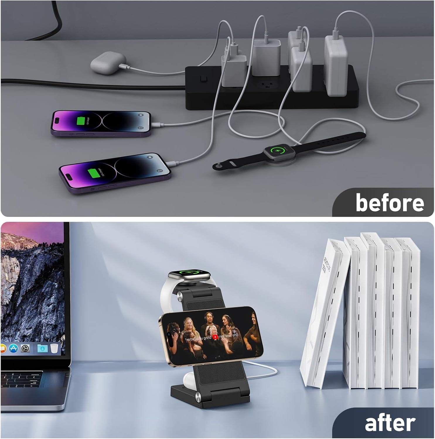Magnetic Wireless Charger Stand, 3 in 1 Foldable Wireless Charging Station, Travel Charger for Multiple Devices for iPhone 16 15 14 13 12 Series, Apple Watch Ultra/9/8/7/6/5/4/3/2, AirPods,Black