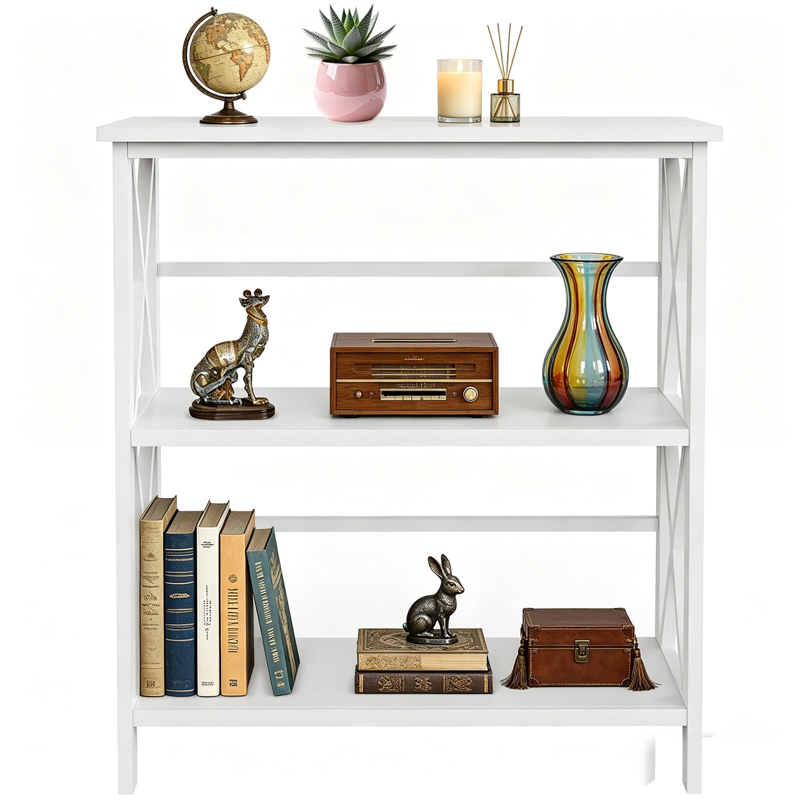edx 3-Tier Metal Wall Mounted Bookshelf, Drill-Free Open Bookcase for Home Office/Study, Matte Finish Storage Shelves, White