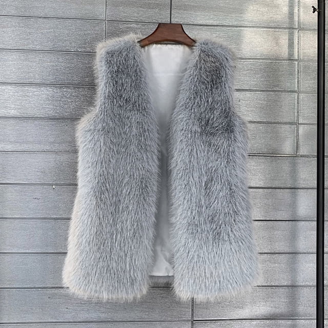 HongQid Womens Faux Fur Vest Coat Winter Shaggy Casual V-neck Jackets Warm Fuzzy Outerwear