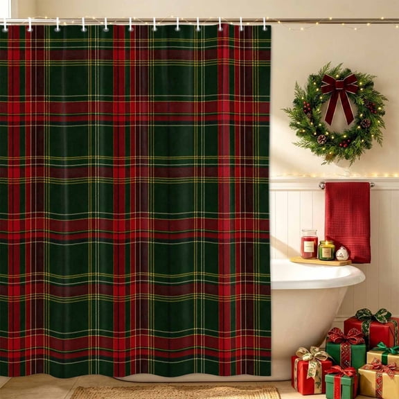 Winter Christmas Bathroom Shower Curtain, Green Red Gold Line Plaid Rustic Gingham Retro Waterproof Washable Soft Bath Curtain for Bathtub Decor with 12 Hooks&Grommet, 36x78in
