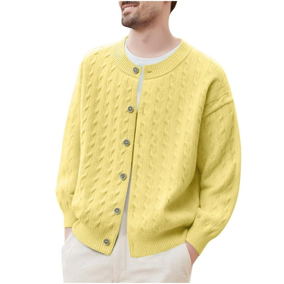 Ynynloco Cardigan Sweaters for Men Button-Up Crew Neck Long-Sleeve Chunky-Knit Cardigan Solid Color Casual Comfy Sweaters