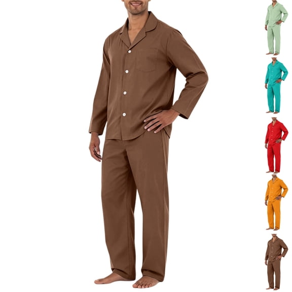 HAJWOH Men's Comfortable Long Sleeve Button Pajama Set Soft Comfy Sleepwear Sleep Bottom