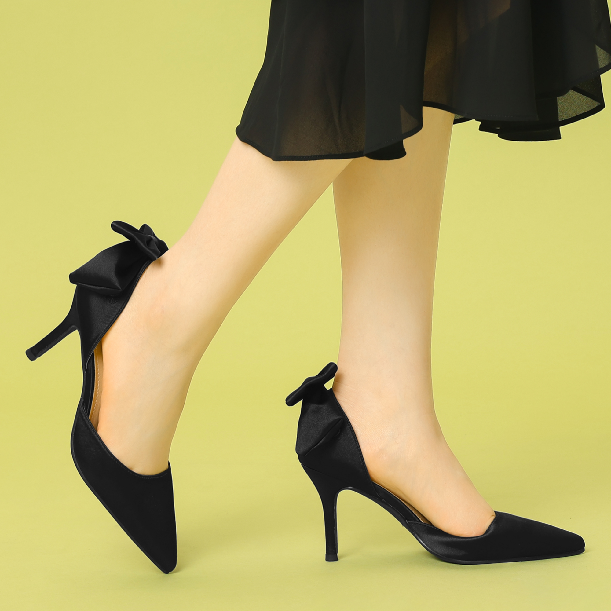 DARING DIVA Women's Pointed Toe Bow Satin Stiletto Heels Pumps Black 9